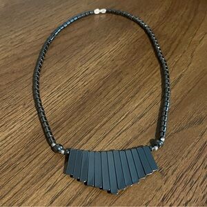 Hermatite modern style necklace with beads & bar fringe. Gunmetal color. NWOT